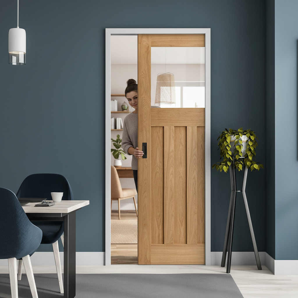 Unfinished Oak Pocket Door Set with Clear Glass Panel - V...