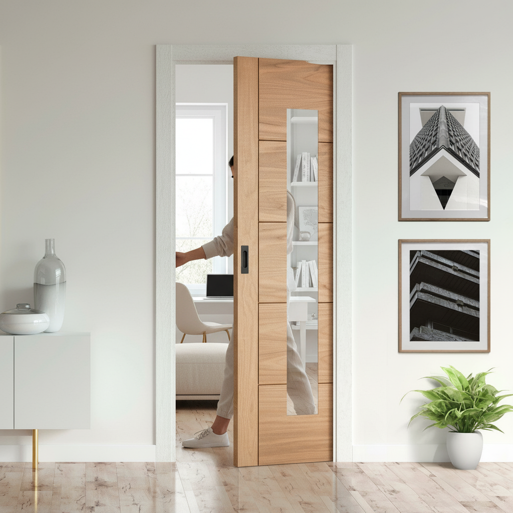 Oak Pocket Door Set with Clear Glass Panel - Space-Saving...