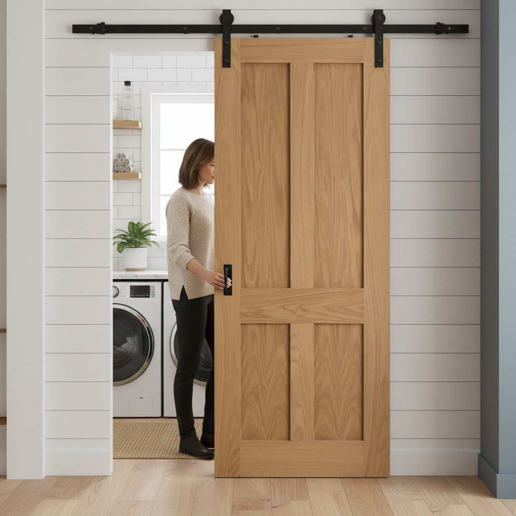 Unfinished Oak Victorian 4 Panel Flat Sliding Door Set