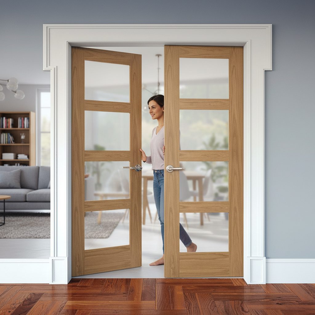 Internal Oak Unfinished Shaker Pair Door with 4 Light Obs...