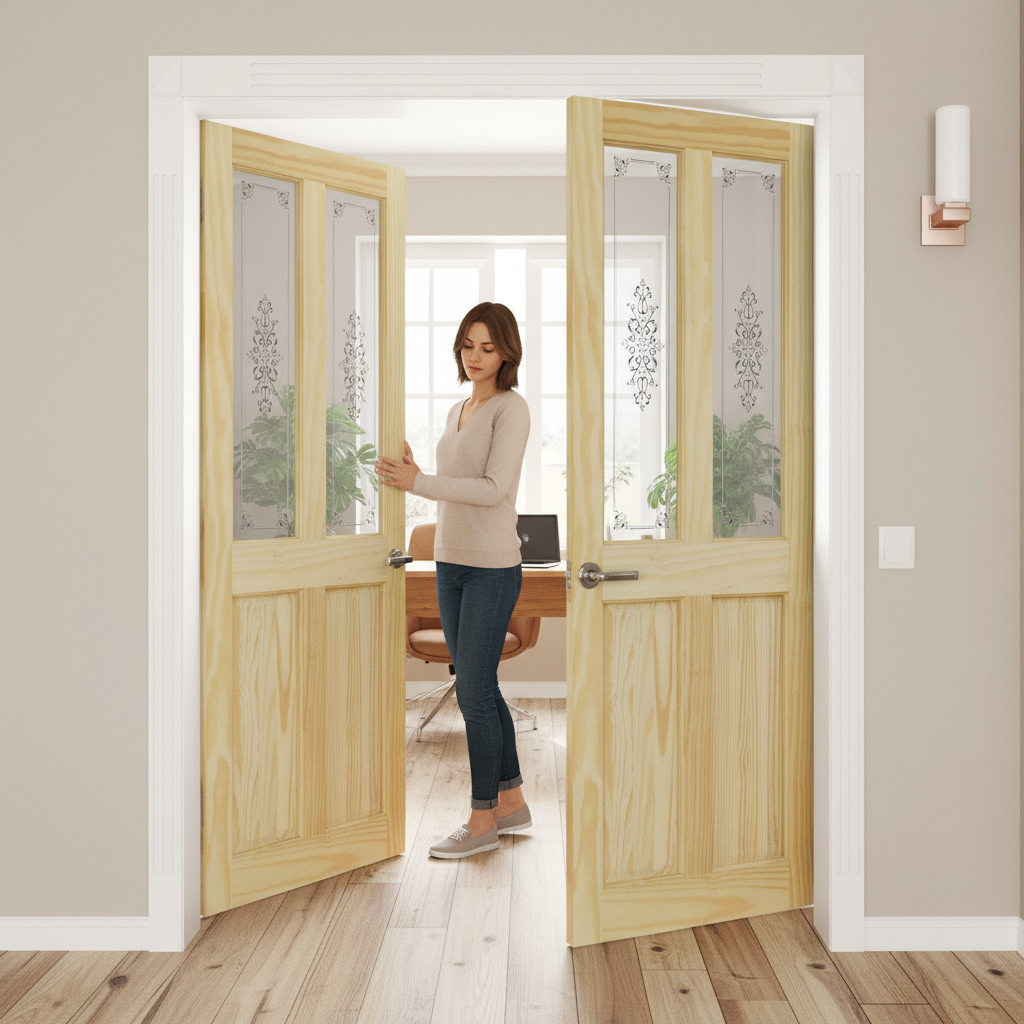 Premium Internal Clear Pine Unfinished 2 Panel 2 Light Glass Pair Door for Custom Finish