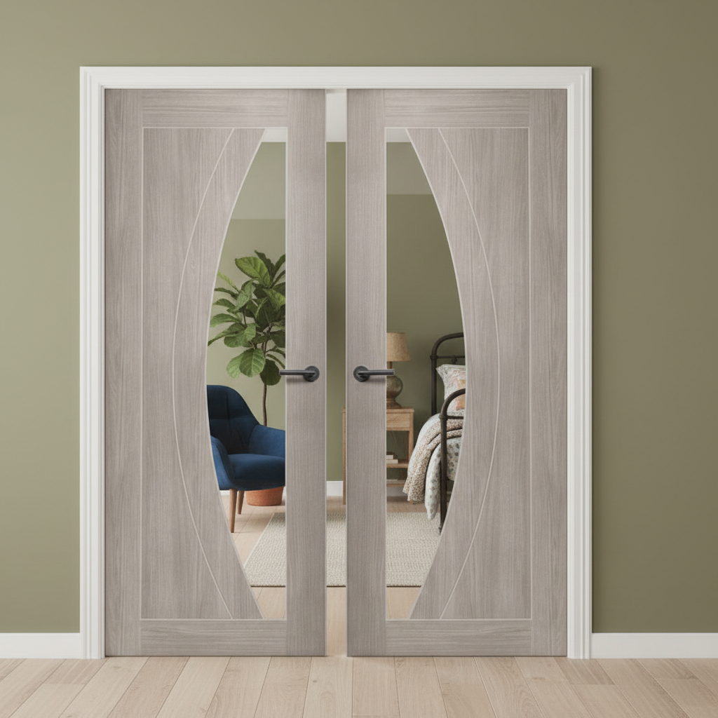 Premium Contemporary White Grey Laminated Door Pair with Clear Glazed Design and Hard Wearing Performance
