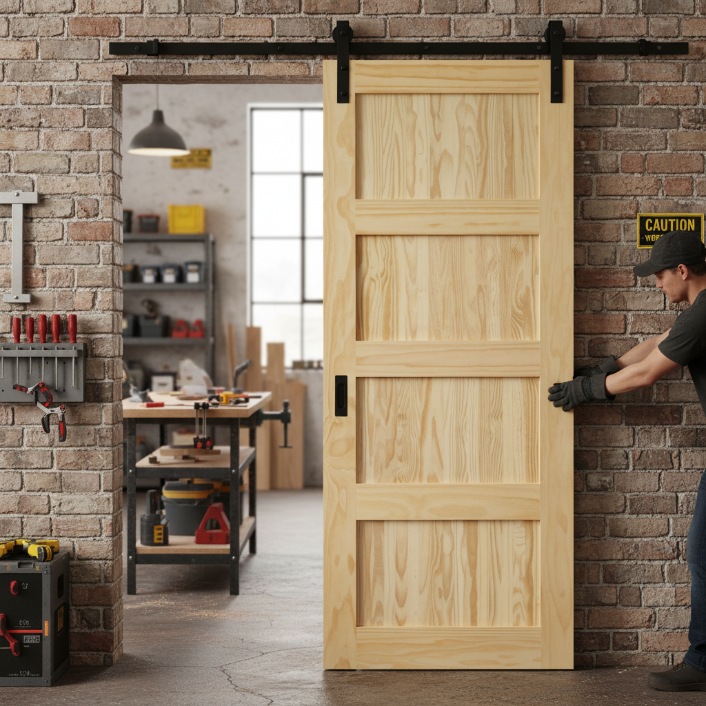 Premium Clear Pine Internal Unfinished Shaker 4 Panel Sliding Door with Space-Saving Black Steel Track