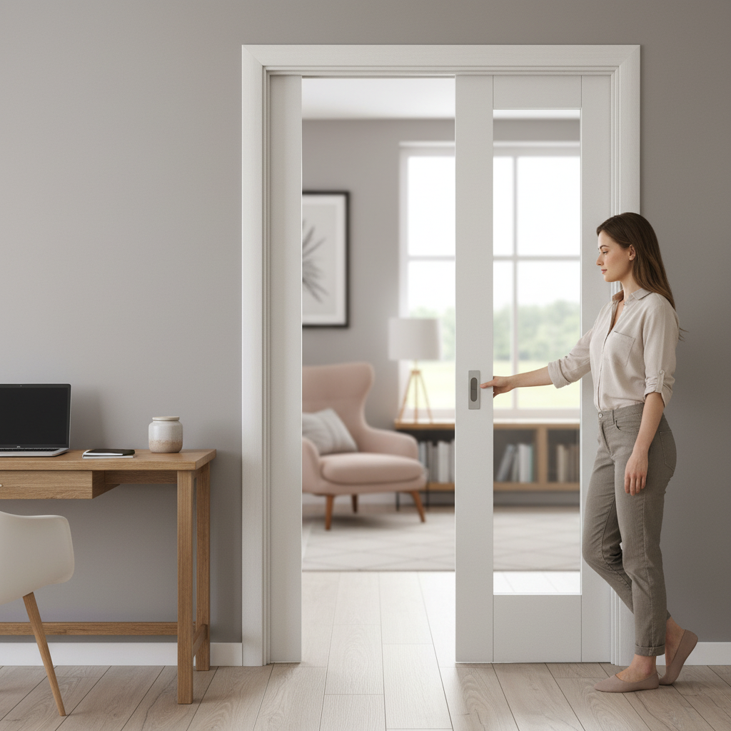 White Primed Internal Pocket Door Set with Clear Glass Pa...