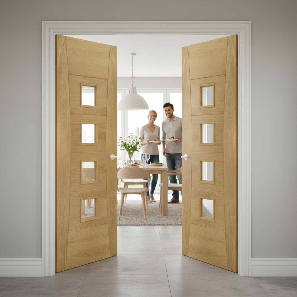 Premium Oak Glazed Double Door Pair with Real American Veneers and Clear Toughened Glass