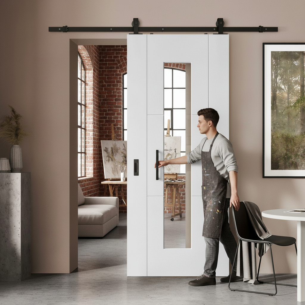 White Internal Sliding Door with 3 Panels and Clear Glass