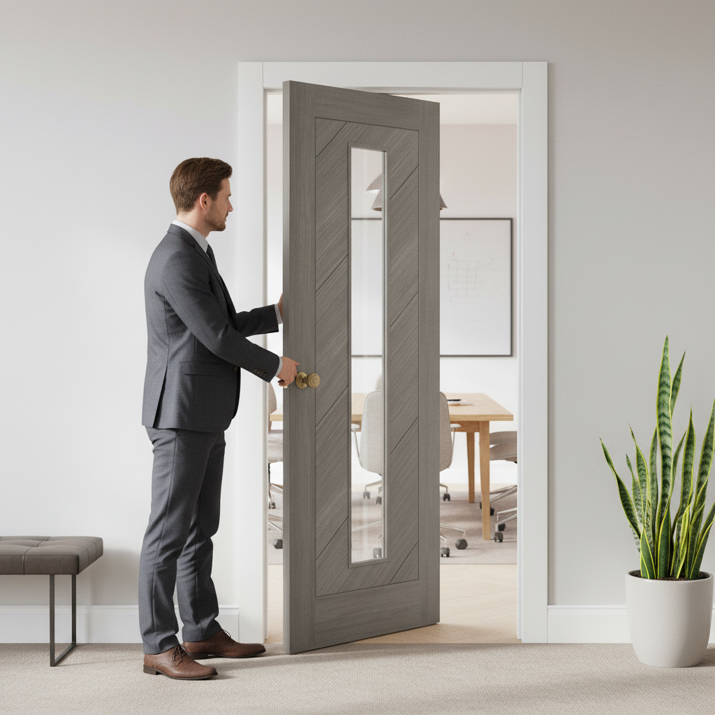 Fully Finished Light Grey Laminate Interior Clear Glass Door