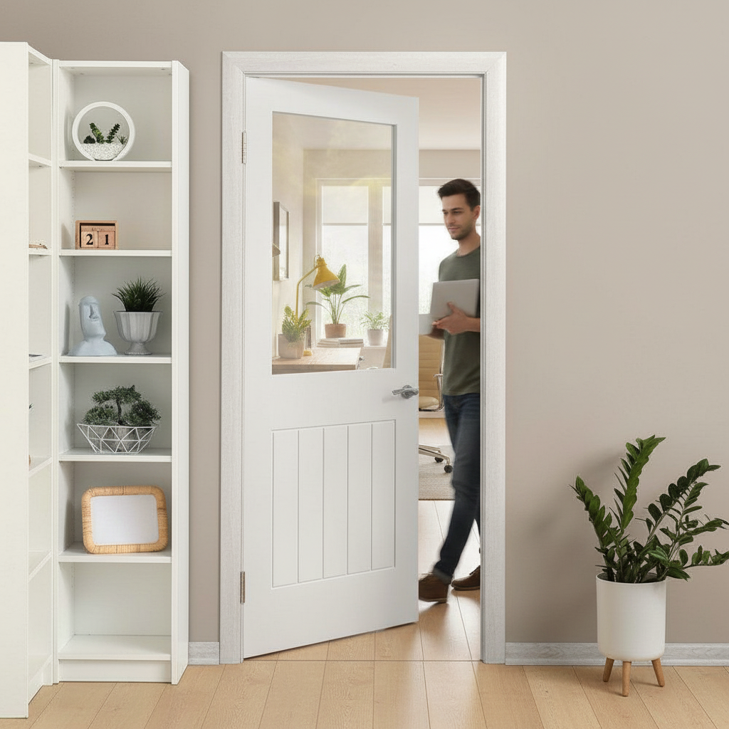 Internal Cottage Door with Clear Glass Pane - Primed Fini...