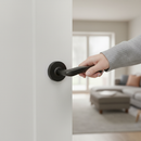 Premium Matt Black Internal Lever Handle Set on Round Rose with Latch Pack and Ball Bearing Hinges