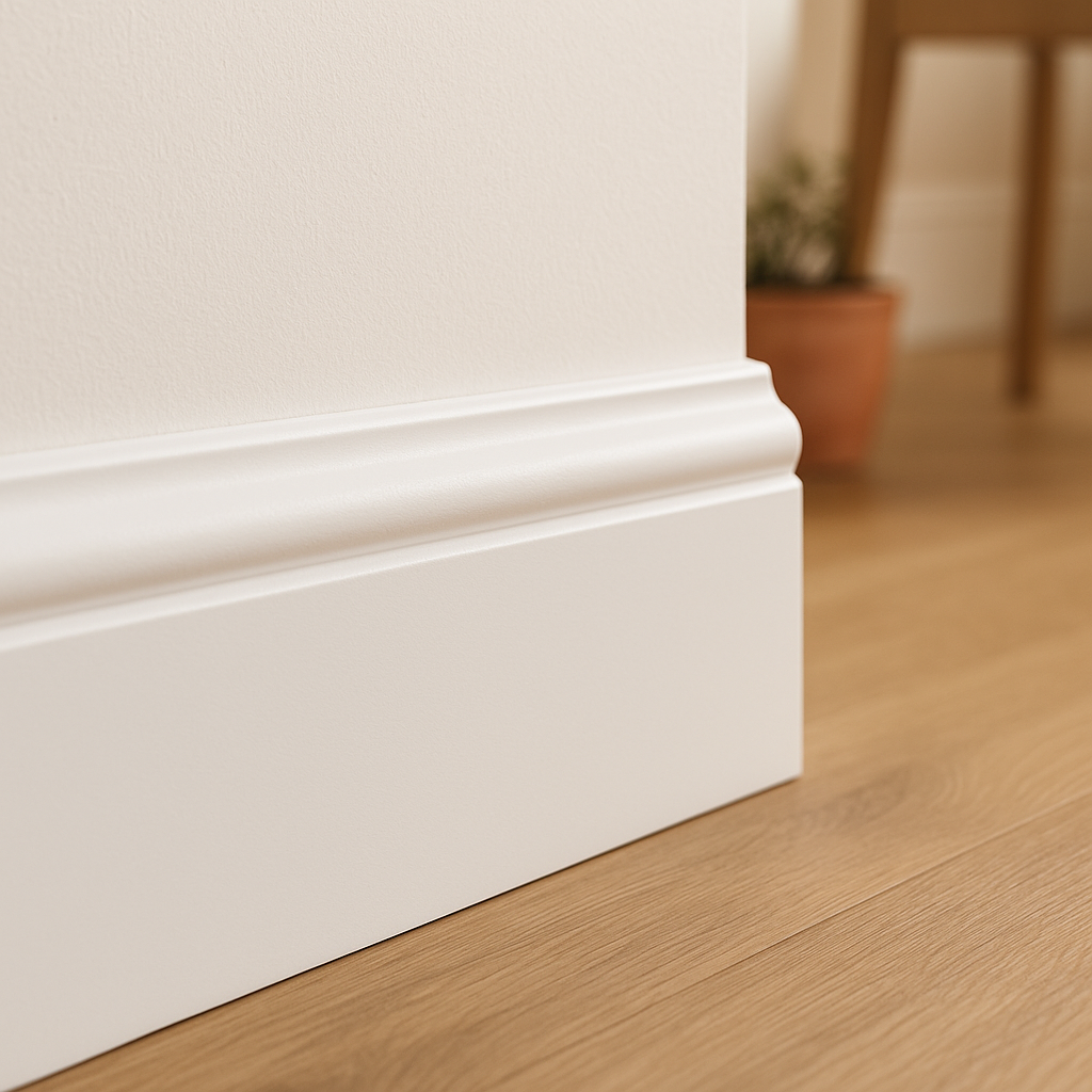 White Painted Decorative Skirting Board 2.4m Length, 14mm x 133mm - detail view