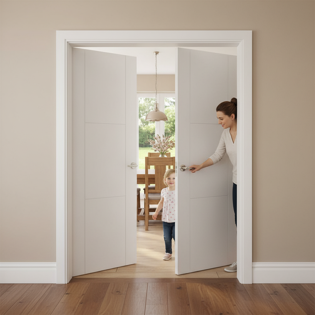 Internal White Primed Trent 3 Panel Pair Door Set - Elega...