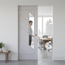 Premium Glazed Flush Pocket Door Set with Diagonal Ash Veneer, No Bottom Track, and Adjustable Doorstop for Modern Spaces