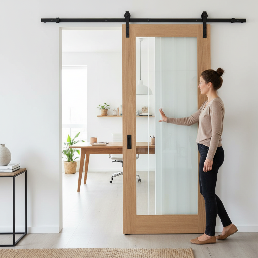 Unfinished Oak Sliding Door with Obscure Lined Clear Glas...