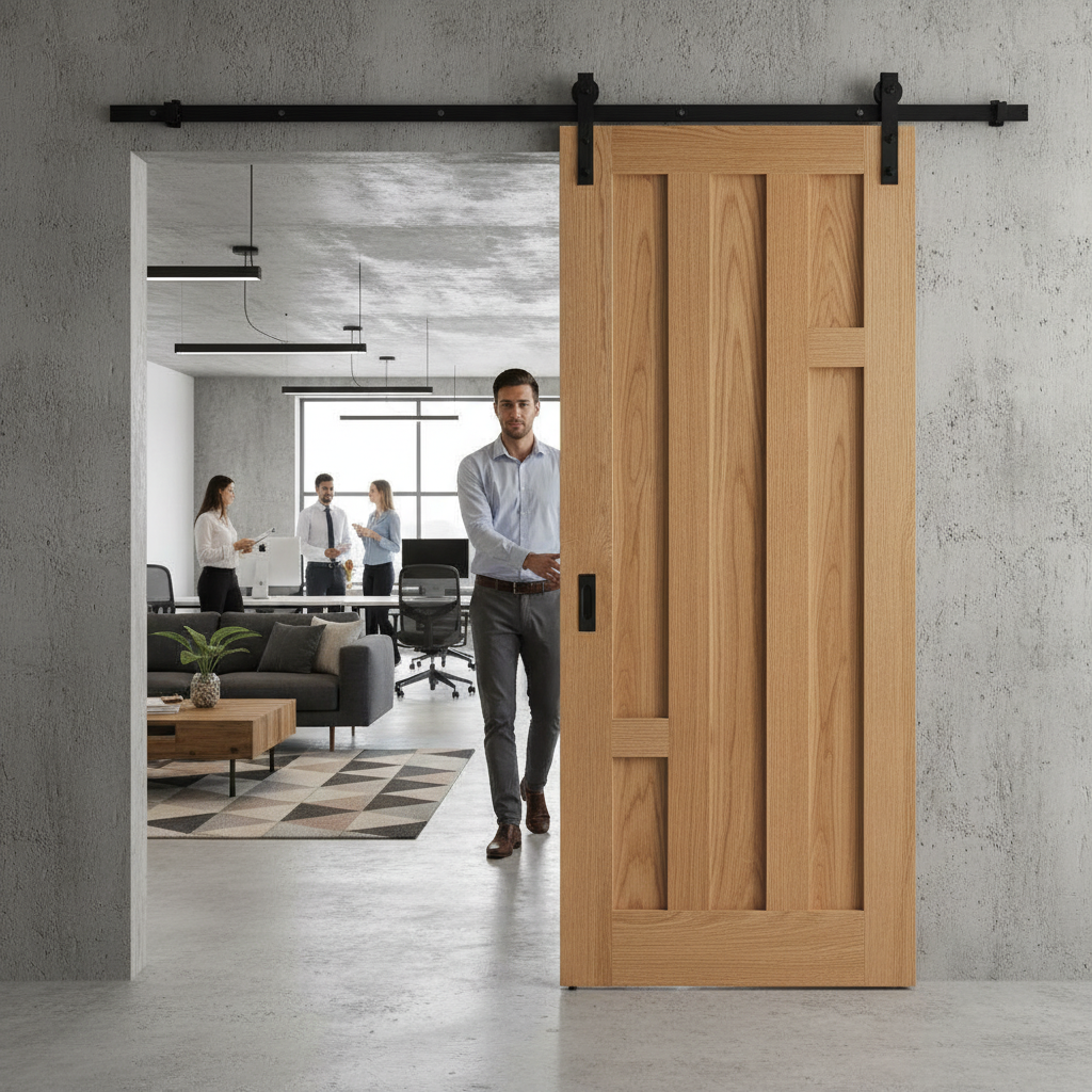 Oak Internal Fully Finished 5 Panel Sliding Door with Bla...