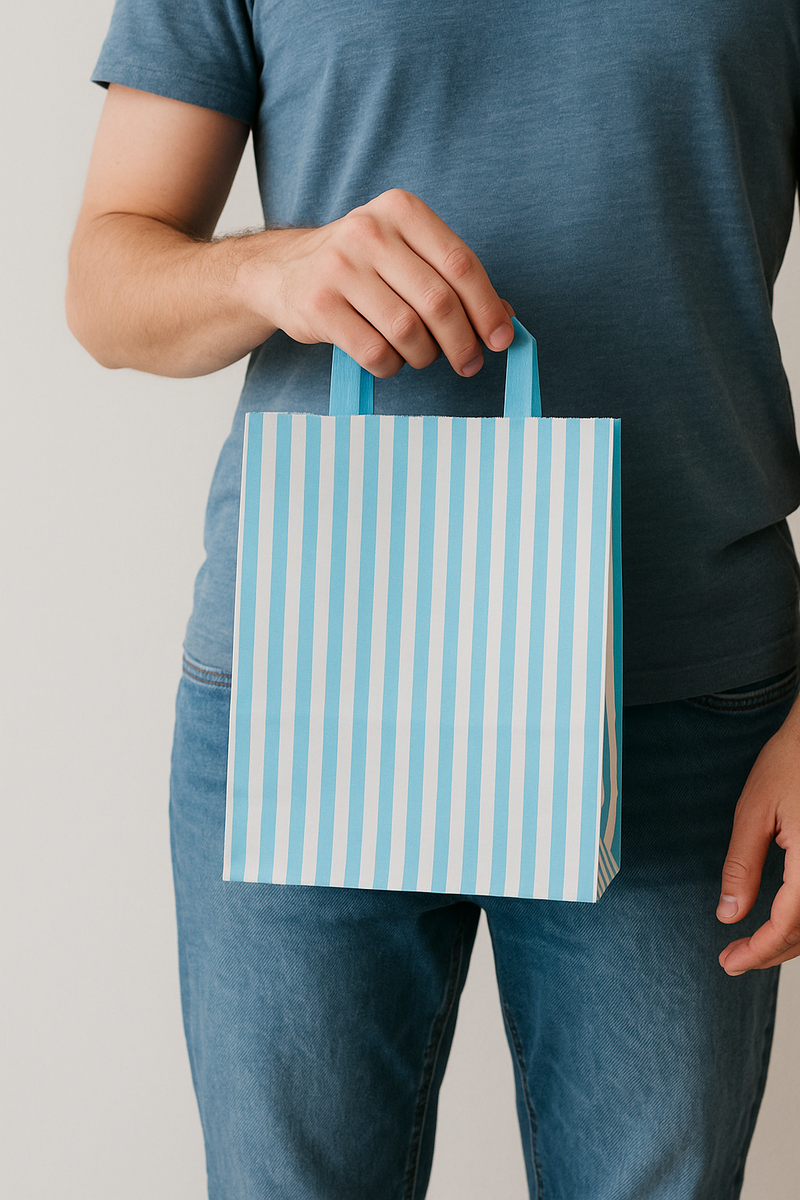 Premium Blue Striped Kraft Paper Carrier Bags Durable Tape Handle Recyclable Perfect for Retail Parties