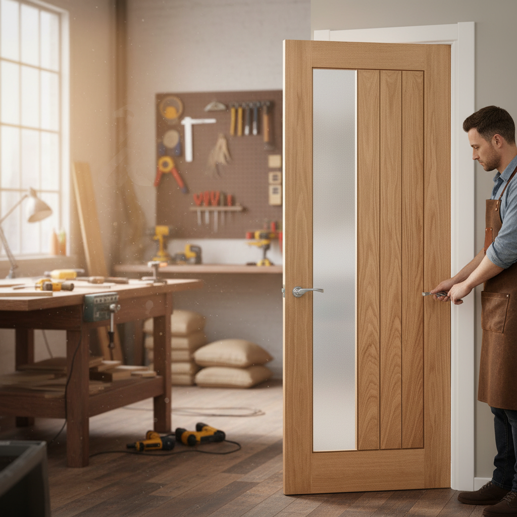 Premium Made-to-Measure Oak Internal Door with Obscure Offset Glass - Customizable Size and Thickness for Elegant Interiors