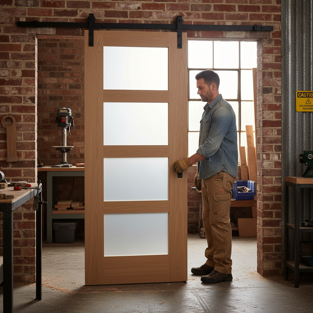 Unfinished Shaker Sliding Door with 4 Light Obscure Glass...