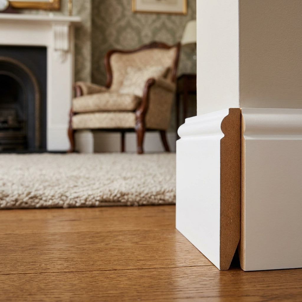 White Round Pencil Laminate Skirting Board - 2.4m Length - detail view