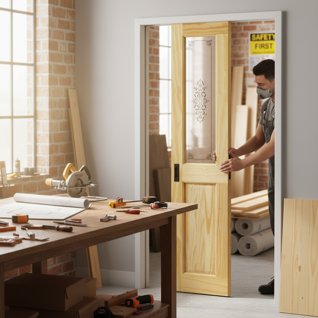 Premium Clear Pine Unfinished Internal 2 Panel Pocket Door Set with Elegant Campion Glass Panels for Space Efficiency