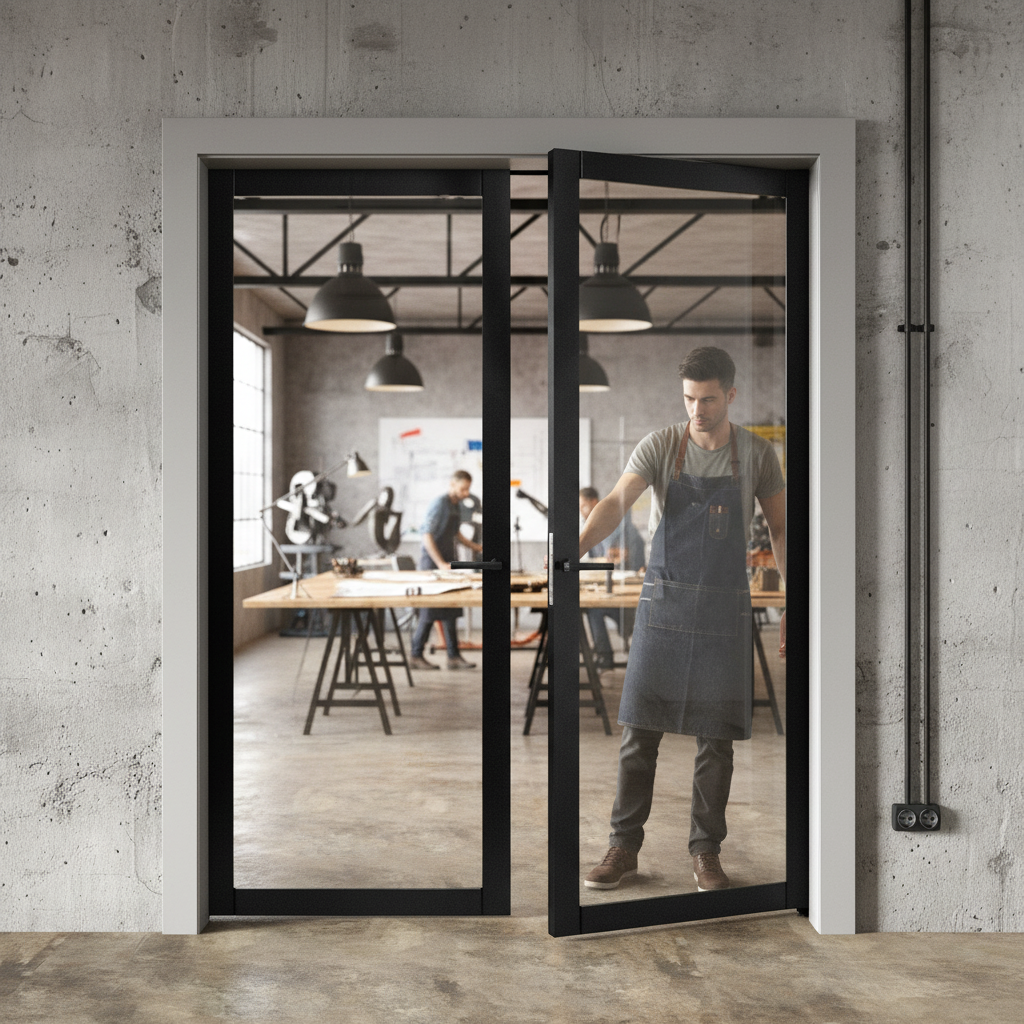 Premium Internal Fully Finished Industrial Studio 1 Light Clear Glass Pair Door - Graphite Black, Durable Design for Modern Spaces