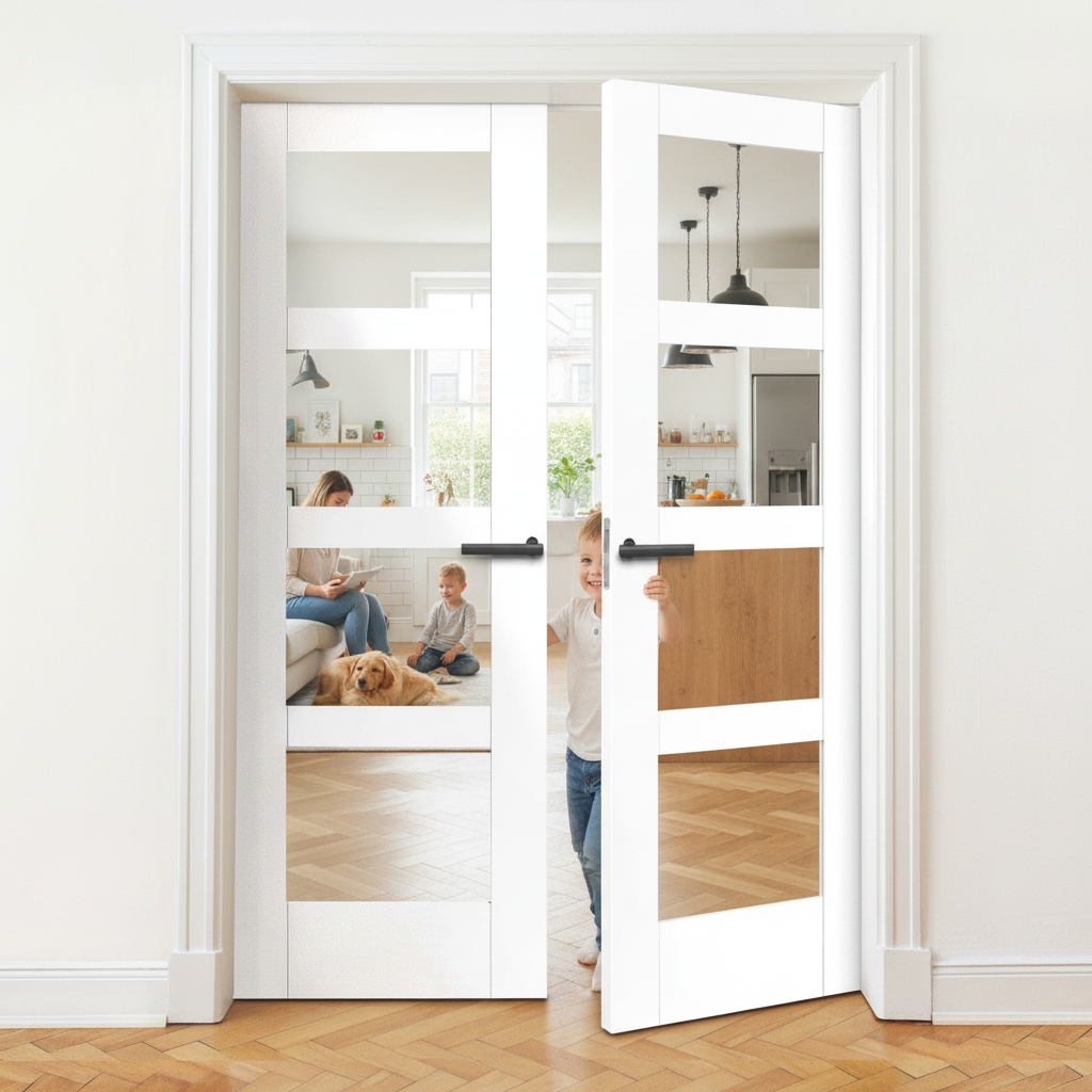 Internal White Primed Shaker 4 Light Clear Glass Door Pair