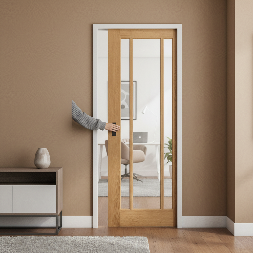 Unfinished Oak Pocket Door Set with 3 Clear Glass Panels