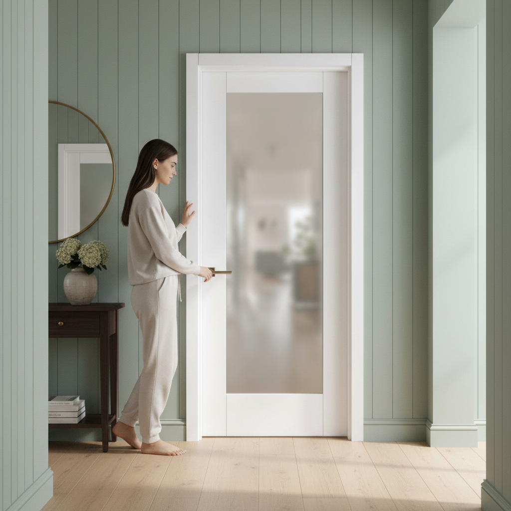 Premium White Primed Internal 1 Light Obscure Glass Shaker Door - Elegant Design with Toughened Safety Glass and Solid Core for Enhanced Privacy