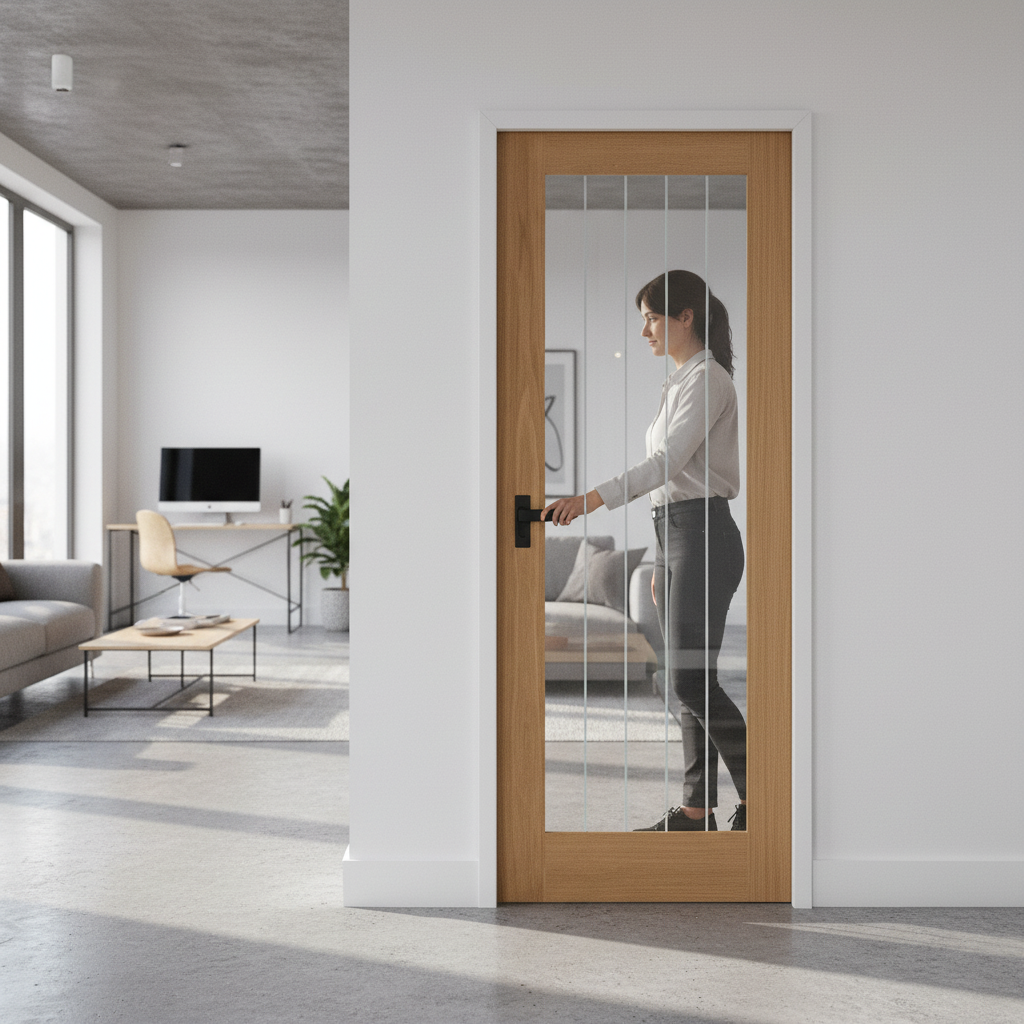 Oak Pocket Door Set - 1 Light Obscure Lined Clear Glass, ...
