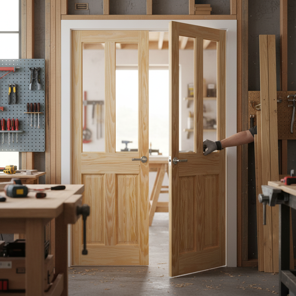 Internal Clear Pine Unfinished 2 Panel 2 Light Glass Door...