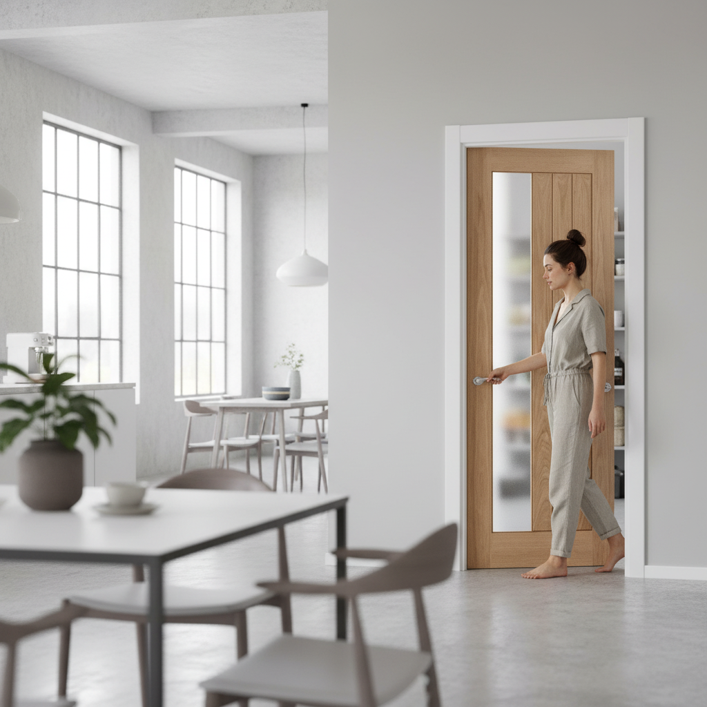 Premium Made-to-Measure Oak Internal Door with Obscure Offset Glass - Customizable Size and Thickness for Elegant Interiors