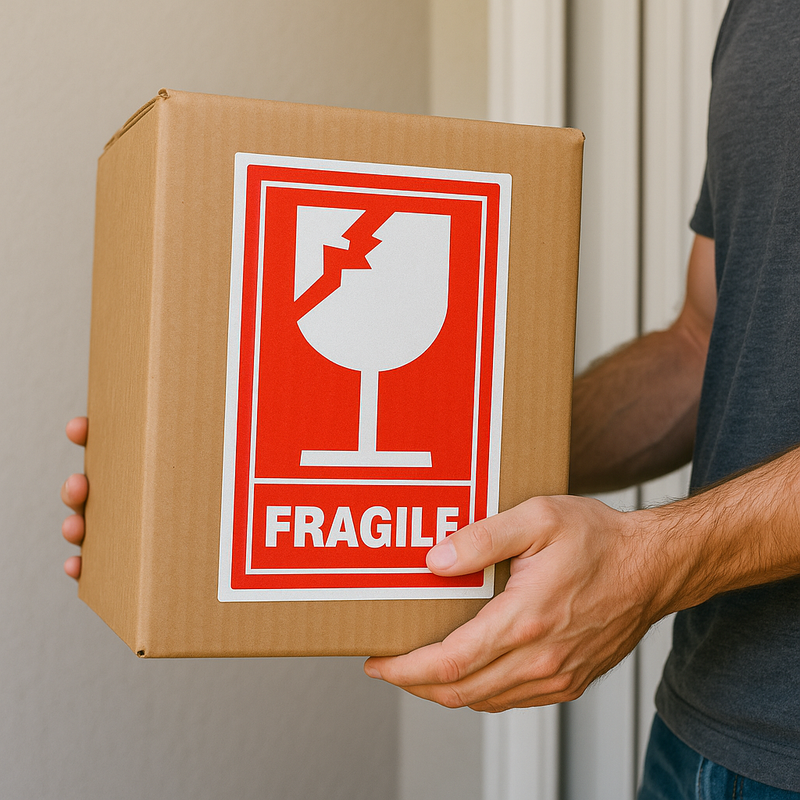 Premium Self-Adhesive Stickers (102x152mm) Red &amp; White Glass Icon for Parcels Boxes