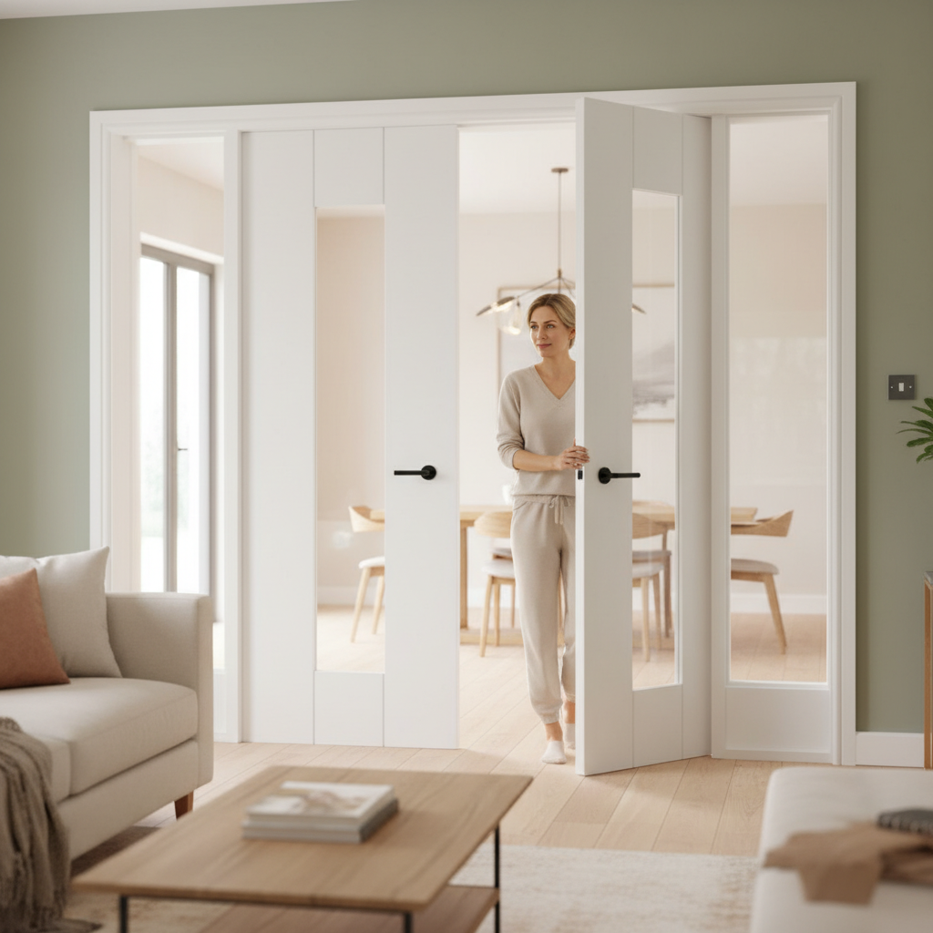 Premium White Glazed Double Door Pair with Clear Tempered Safety Glass and Semi-Solid Core Construction for Modern Interiors