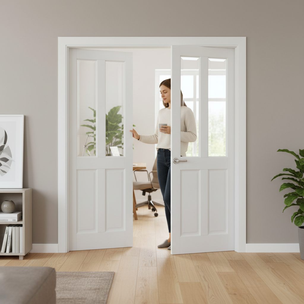 Internal White Primed 4 Panel Clear Bevelled Glass Pair D...