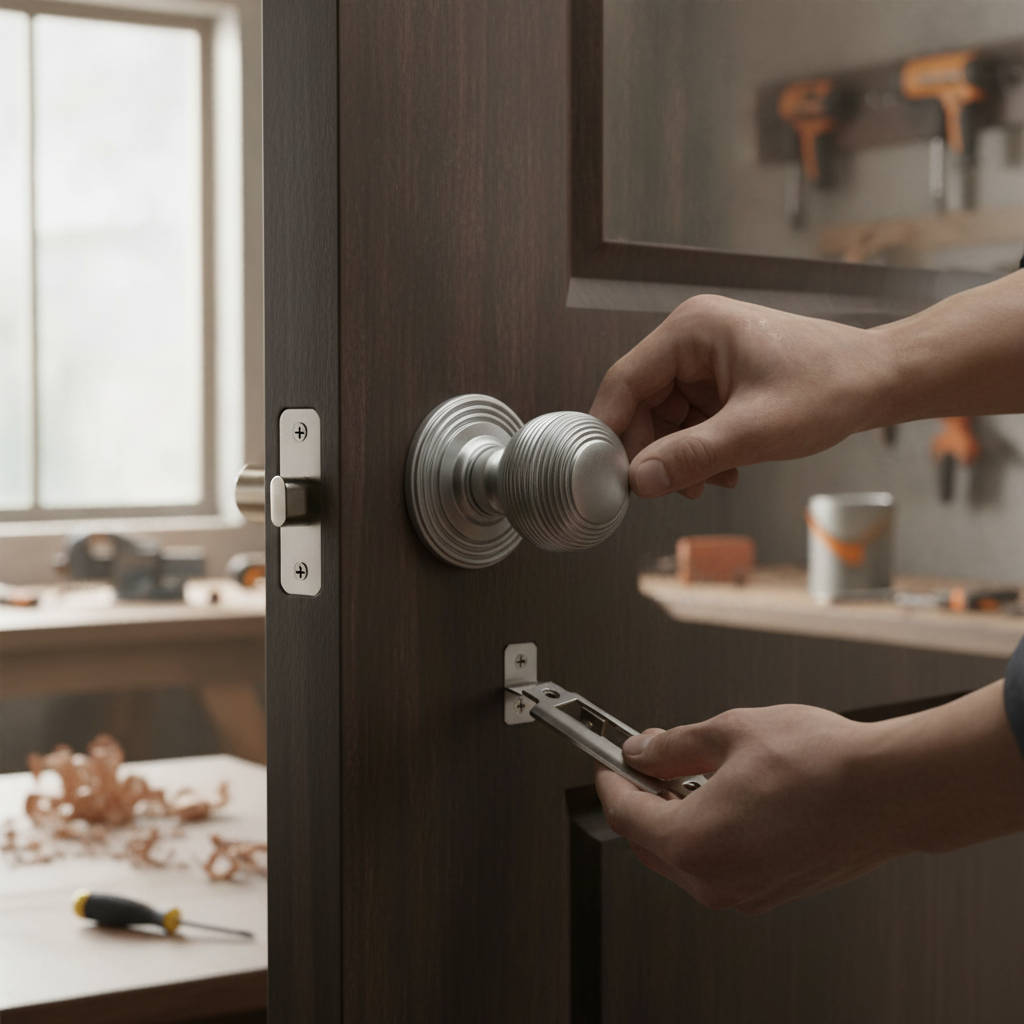 Round Reeded Mortice Bathroom Door Knob Set with Satin Ch...