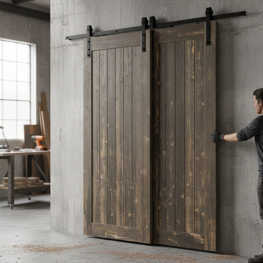 Matt Black 1.98m Sliding Barn Door Bypass Track for Overl...