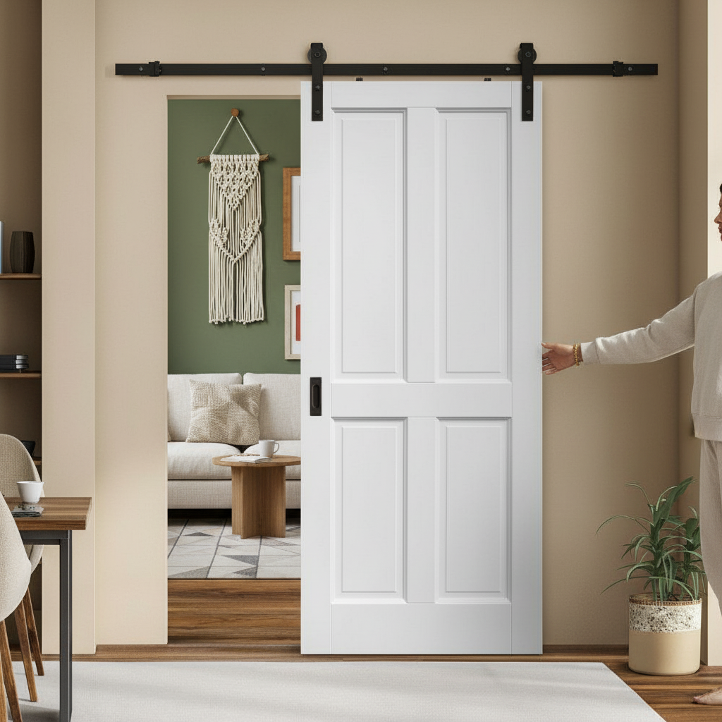 Internal White Primed 4 Panel Sliding Door Set - Solid Pi...