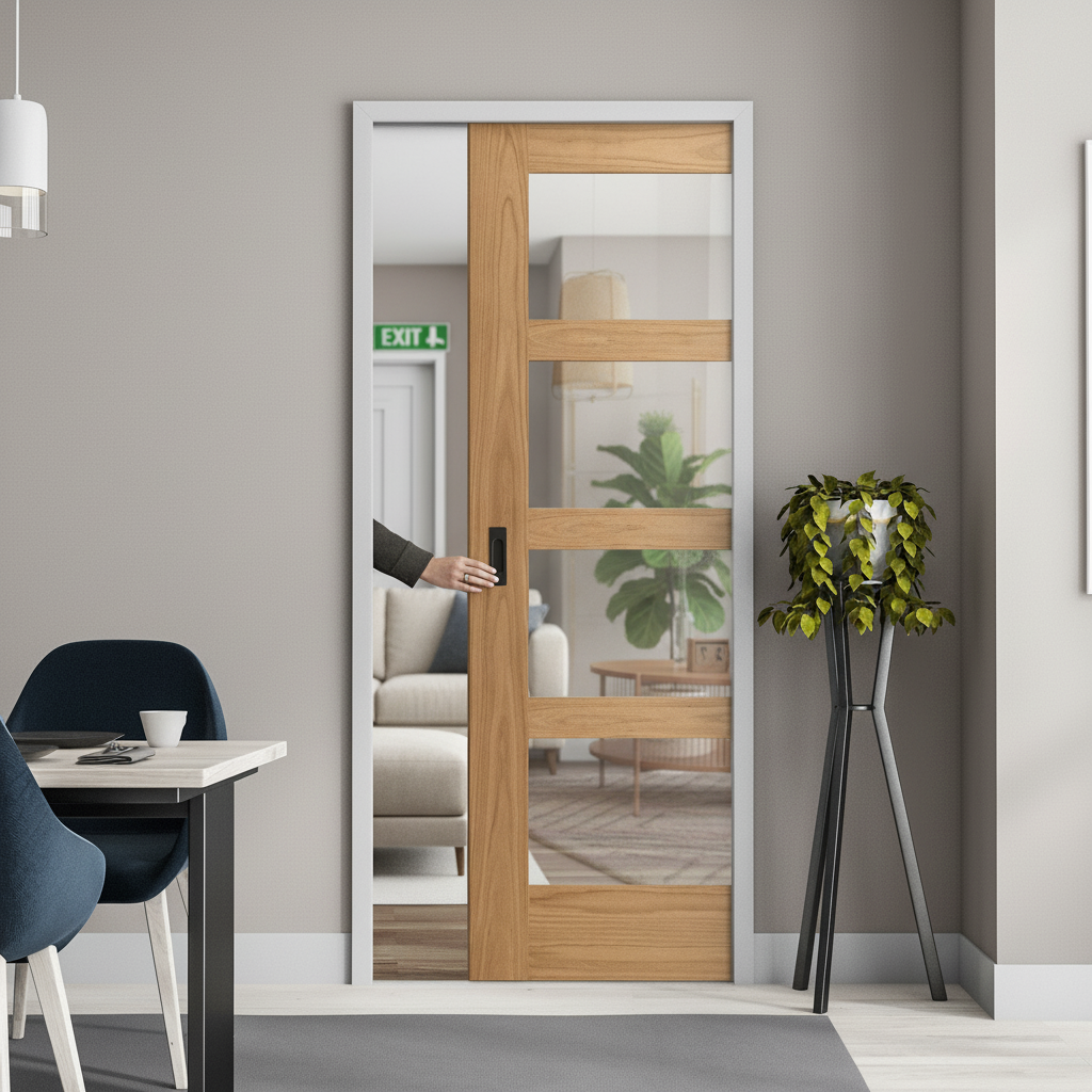 Unfinished Oak Shaker 4 Light Clear Glass Pocket Door Set