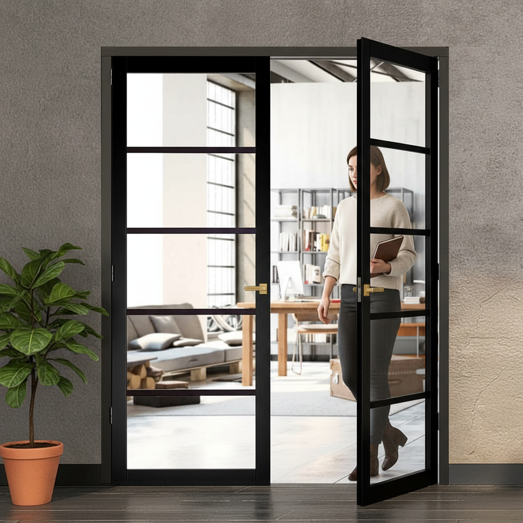 Premium Custom Made Industrial Style Door Pair with Clear Safety Glass and Solid Core, Prefinished in Black