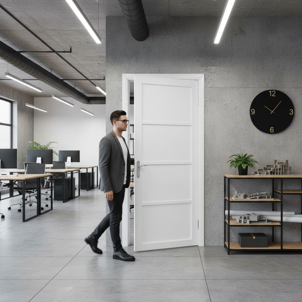 Industrial 4 Panel Door - White Primed Finish, Durable Ti...