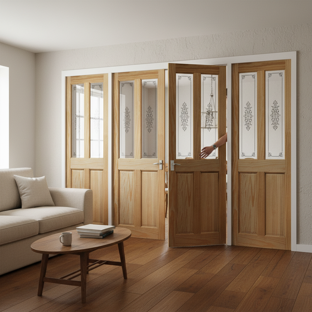 Premium Clear Pine Unfinished Room Divider Set with 4 Campion Glass Doors for Modern Interior Design