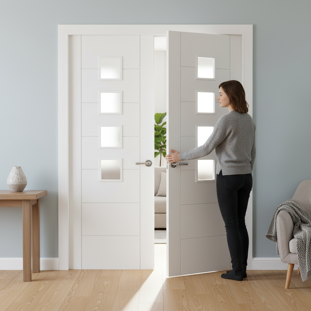 Internal White Primed 7P 4 Light Obscure Glass Pair Door
