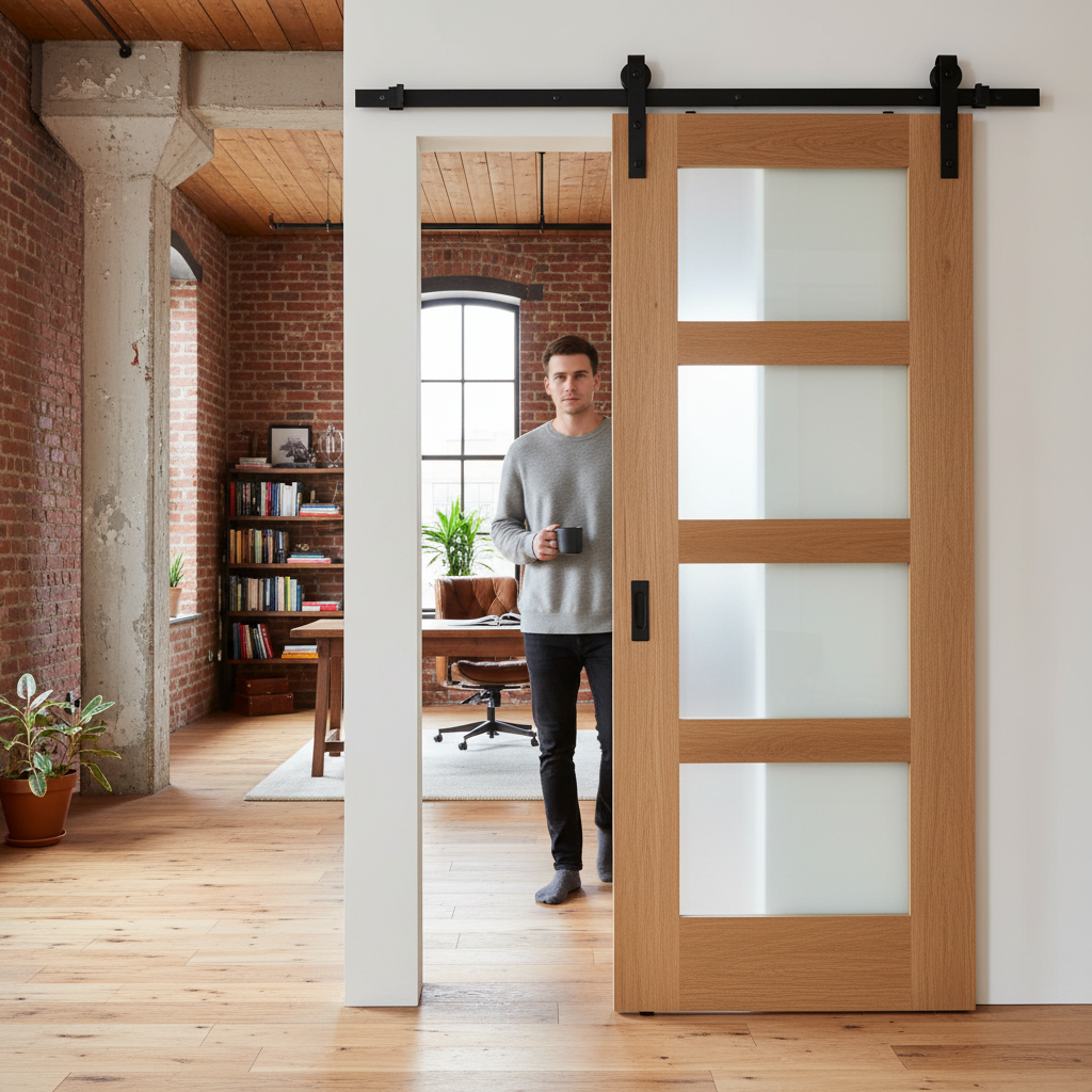 Unfinished Oak Sliding Door Set with 4 Light Clear Glass ...
