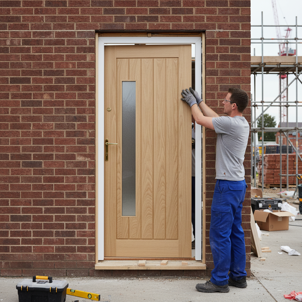 Unfinished Oak Double Offset Glass Door with Obscure Pane