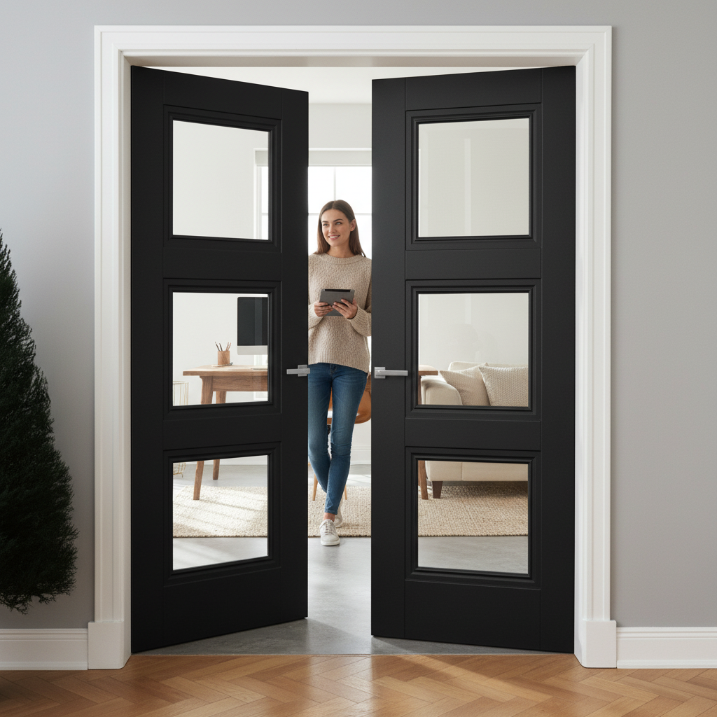 Internal Black Primed 3 Light Clear Glass Pair Door