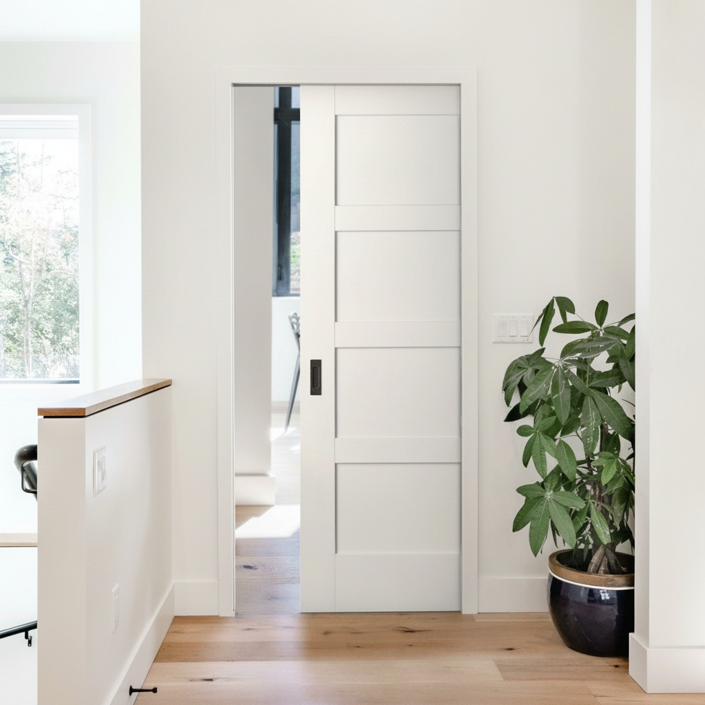 White Primed Internal Shaker 4 Panel Framed Pocket Door Set
