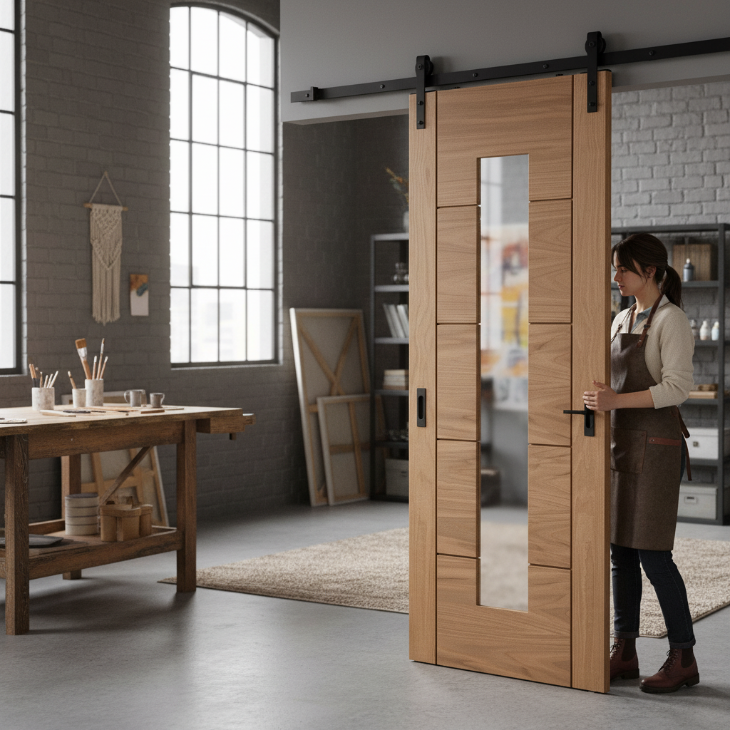 Unfinished Oak Sliding Door with Clear Glass Panel