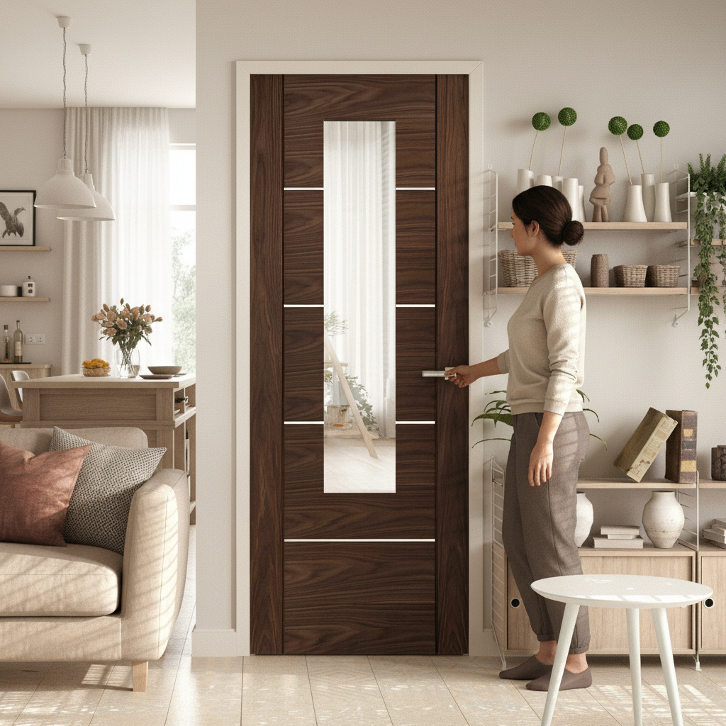 Internal Walnut Fully Finished Door with Clear Glass Pane