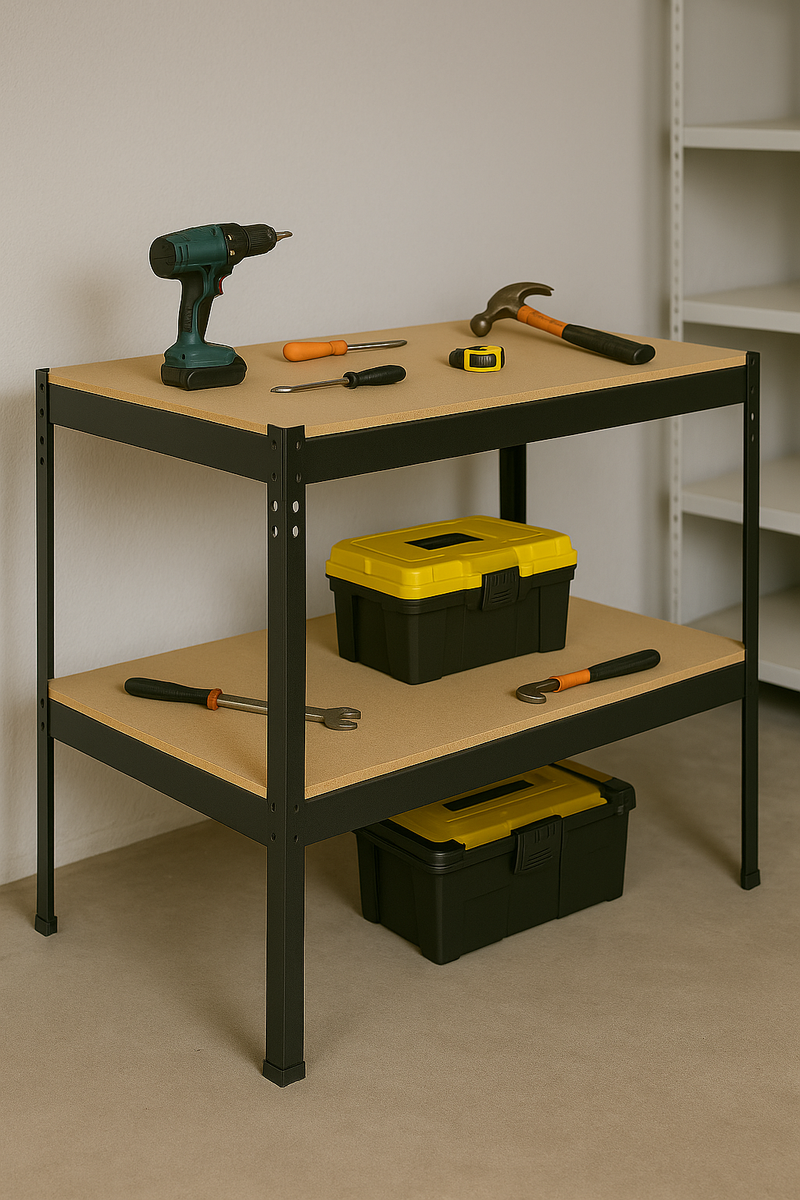 Premium Black Steel Workbench – Heavy-Duty 200kg Shelves | Boltless Garage &amp; DIY Table with Storage Shelf
