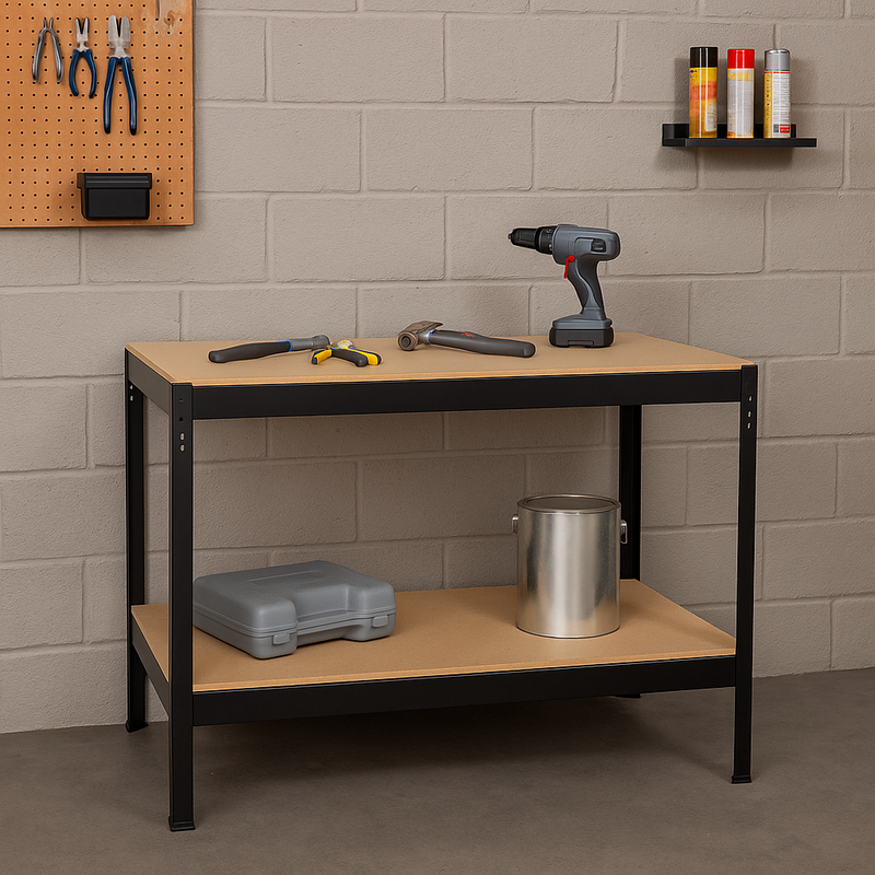 Premium Black Steel Workbench – Heavy-Duty 200kg Shelves | Boltless Garage &amp; DIY Table with Storage Shelf