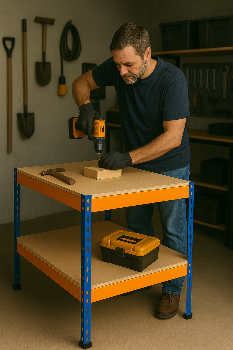 Heavy Duty 2-Tier Steel Workbench 90 cm (600 kg Load Capacity) | Boltless Adjustable Shelves for Garage, Workshop & DIY